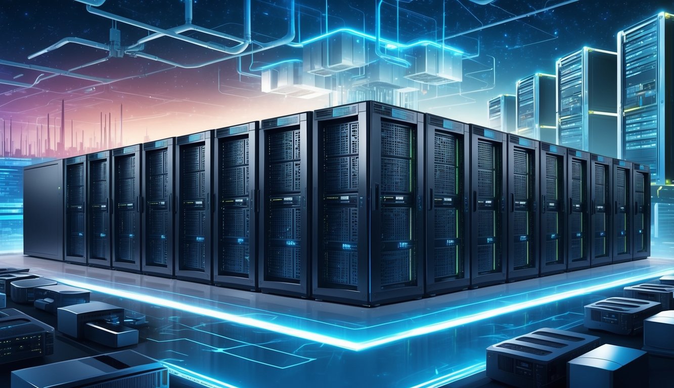 An array of Linux server racks, each running the latest distribution, surrounded by a futuristic landscape of data centers and server farms